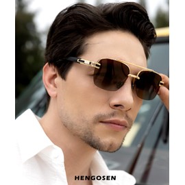 HENGOSEN Aviator Sunglasses-for-Men Mens-Sunglasses Polarized: Pilot Semi Rimless Sun Glasses UV 400 for Driving Fishing (Gold/Gradual Brown)