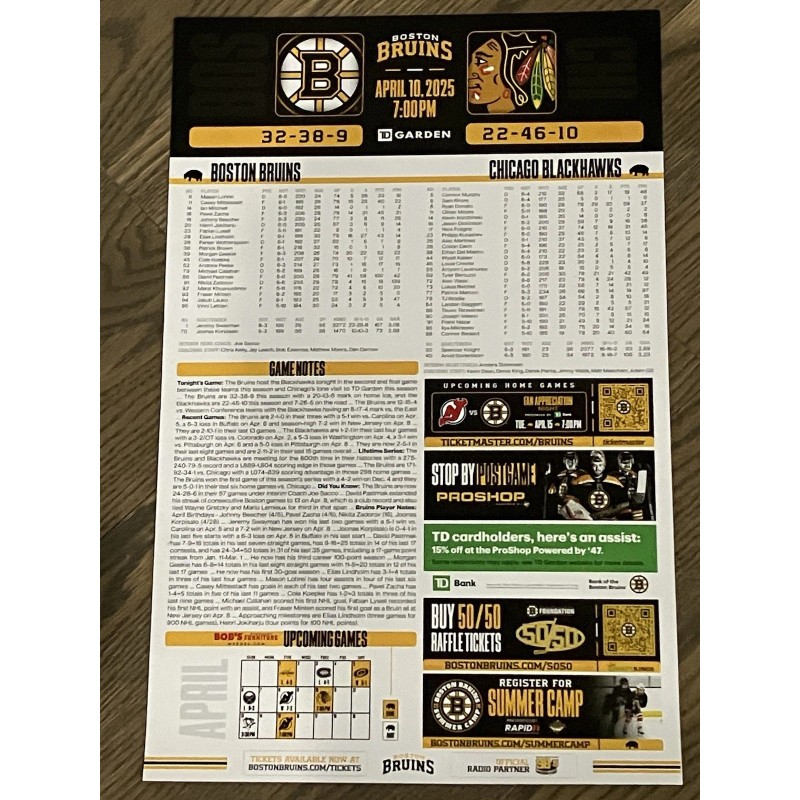 Boston Bruins Game Poster VS Chicago Blackhawks 4/10/25 #88 David