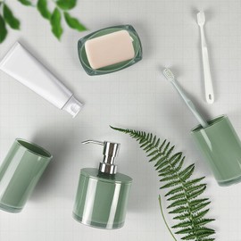Thickened Bathroom Accessories Set, 4-Piece Bathroom Accessories Set with 2 Toothbrush Cups, Soap Dispenser, Soap Dispenser (Olive Green)
