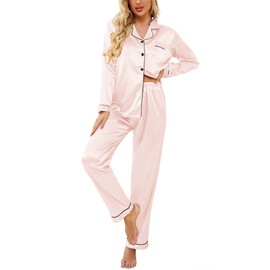 Ekouaer Women's Classic Button Down Long Satin Silk Pajama Set,Small,Pastel Pink