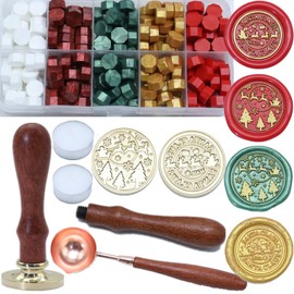 Christmas Wax Seal Stamp Set, WAXNAGO 2Pcs Santa Claus Wax Seal Stamp Kit Elk Tree with 200 Pcs Christmas Red Gold Green Wax Seal Beads, Wax Sealing Spoon Wax Seal Pen Candles Cards