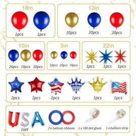 151pcs Red Blue and Gold Balloons Garland Arch Kit, 4th of July Patriotic Balloons with Star Balloons for Birthday Graduation Independence Day Baseball Theme Nautical Party Decorations