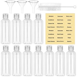 Coicok 11 Stück Reiseflaschen 100 ml, Reisezubehör Nützliches Zubehör mit 3 kleinen Trichtern, transparent Reiseflaschen mit Etiketten und sauberer Bürste, Reisebehälter für Shampoo-Flüssigkeiten