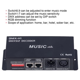 Fockety 3 Channel DMX Decoder, 12V-24V 12A RGB PWM DMX512 LED Decoder Controller, Adjustable Professional DMX Dimmer Driver for RGB LED Strip Light, for Home, Bar, Hotel (8A per way)