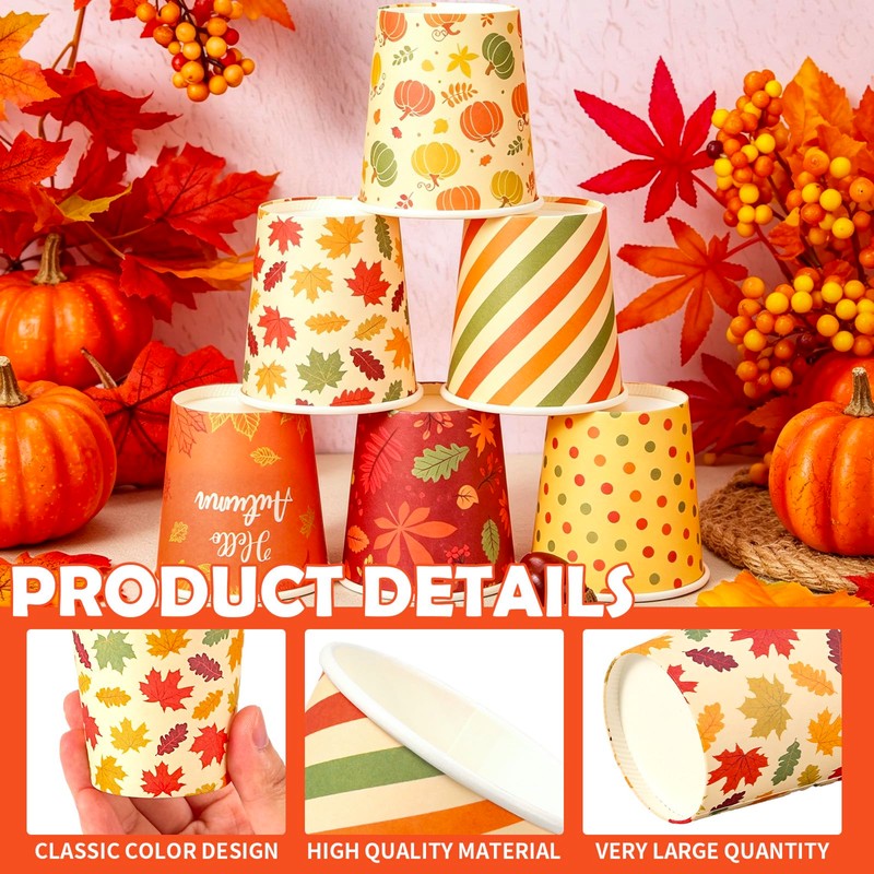 300Pcs Fall Thanksgiving Paper Cups 4Oz Colorful Pumpkin Maple Leaves
