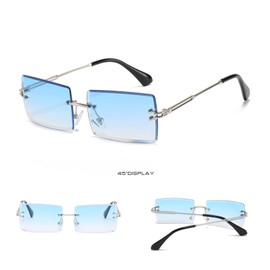 OSAGAMA Fashion Sunglasses Small Rectangular Rimless Glasses for Men and Women, Silver/Blue with Gradient