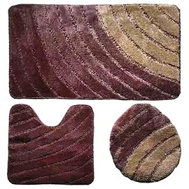 BH Home & Linen 3 pcs Standard Size Shaggy Colored Geometric Striped Waves Bath Rugs Set. Made with 100% Polyester (Wave Brown)