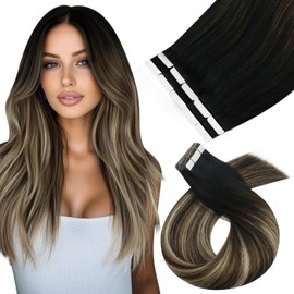 Moresoo Tape Extensions Real Hair 10 Pieces 25 g / Pack, #1B/3/27 Black to Dark Brown with Caramel Blonde Silky Hair Fashion Seamless Hair 35 cm