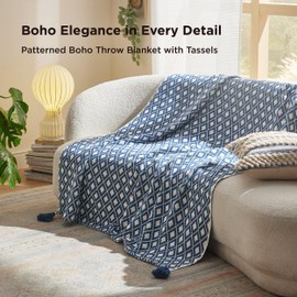 Bedsure Boho Throw Blanket for Couch - Cotton Blanket for Sofa, Decorative Blanket Perfect for Home and Outdoor Handmade Lightweight, 50x60 Inches, Blue