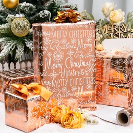 MAYPLUSS Foil Christmas Wrapping Paper - 17 Inch X 33 Feet - Girly Rose Gold MERRY CHRISTMAS Script and Snowflake Girl Winter Gift Wrap Present Paper Roll for Christmas, Holiday, Festive Decoration