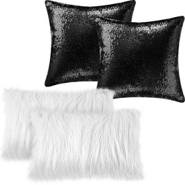 4 Pcs Sequin and Fluffy Pillow Covers Winter Faux Fur Throw Pillow Covers Glitter Bling Pillow Cases Soft Fuzzy Cushion Cover for Couch Bed Sofa Xmas Day(12 x 20 Inch,Black, White)