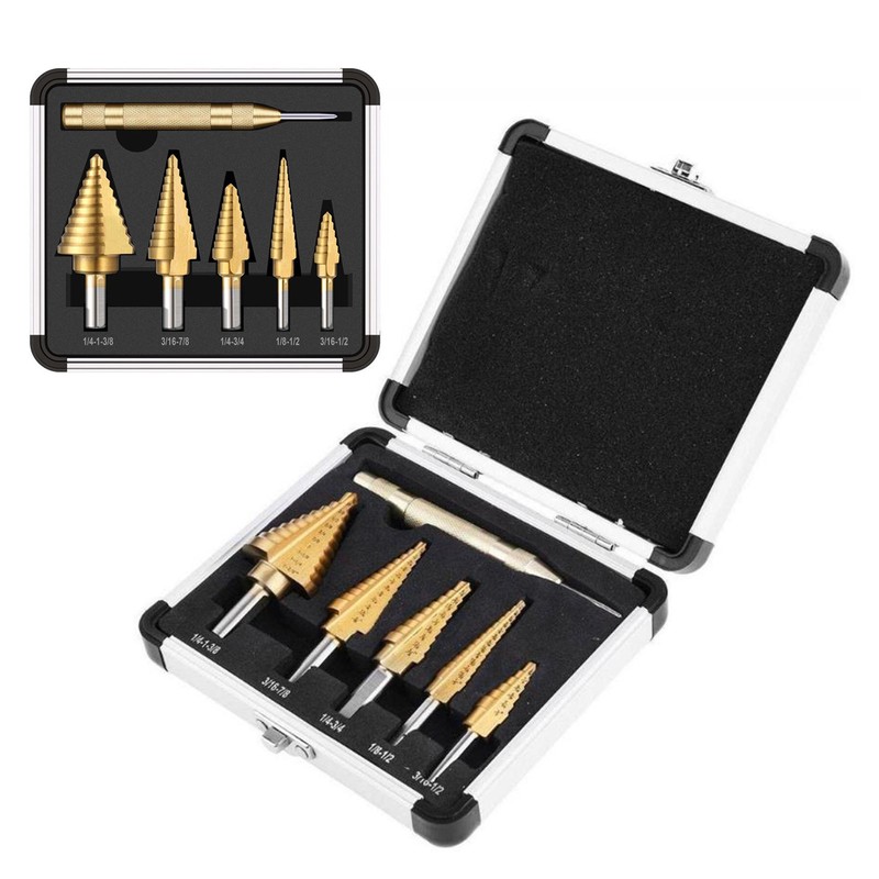 6Pcs Titanium Plated Step Drill Bit Center Punch Straight Flute