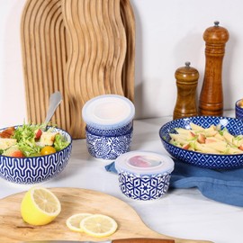 Selamica 6 oz Ramekins with Lids Oven Safe, Creme Brulee Ramekins Souffle Dishes with Covers, Pudding Custard Cups Stackable Ceramic Mini Ramekin Bowls Set for Baking, Dipping, Set of 6, Vintage Blue