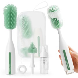 Momcozy Cepillo para Biberones Pro - Kit de Limpieza con Diseño de Presión, Cepillo para Mamilas y Extractores - Genera Espuma, Antibloqueo, Silicona Suave, Verde