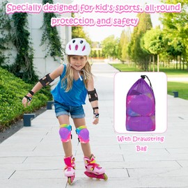Knee Pads for Kids Elbow Pads Wrist Guards with Drawstring Mesh Bag, 7 in 1 Sport Protective Gear Set Adjustable for Girls Boys for Skating Cycling Rollerblading Scooter, 3-8 Years, Purple Unicorn