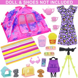 K.T. Fancy 18 PCS Girl Doll Travel Camping Tent Set and Accessories for 11.5 Inch Includes Tent, Clothes, Backpack, Toy Dog, Placemat, Toy Phone, Glasses (Doll NOT Included)