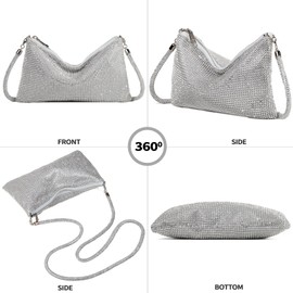SlHiEke Shiny Rhinestone Crossbody Purse Clutch Sparkly Diamond Handbag Hobo Rhinestone Purses For Women, Sliver, 9.6*1.8*5.5