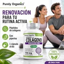 Peptidos de Colageno en cápsulas 700 mg con Piperina, Alta absorión con Ingredientes Naturales.  Purely organics 90 Cápsualas