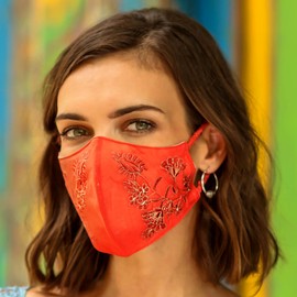 NOVICA Artisan Hand Embroidered Beaded Cotton Face Masks 2 in Orange Pink Accessories Triple Layer Solidembroidered Indonesia Embellished Floral ' Balinese Glamour' Pair
