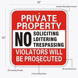 Large Private Property No Soliciting Loitering Trespassing Sign, 12x12 Inches Metal Heavy Duty Reflective Aluminum, Violators Will Be Prosecuted, Weather Resistant, Weatherproof, Indoor or Outdoor (4-Pack)