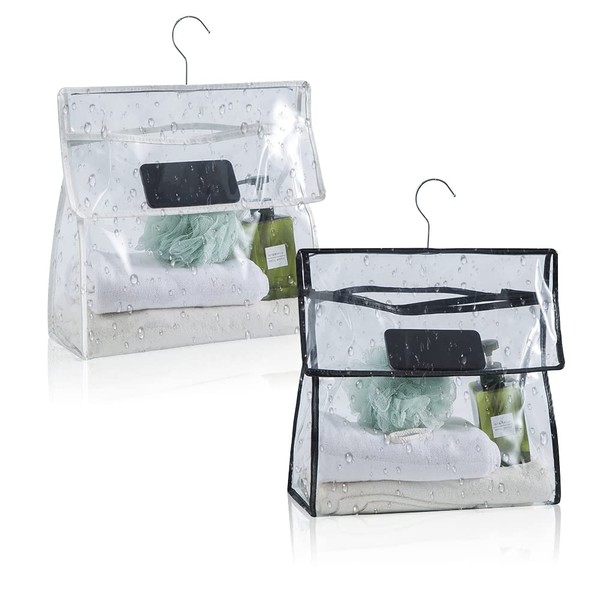 2 Waterproof Clear Bathroom Bags with Phone Pocket, Hanging Toiletry Bag, Clear Bathroom Shower Bag, Travel Organizer for Bath Towels, Cosmetics, black/white