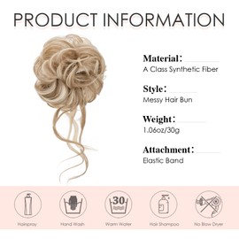 Messy Hair Bun Scrunchies Extension Curly Wavy Thick Synthetic Chignon for Women Updo Hairpiece Ponytail Hair Accessories Long 45g, Ash Blonde mix Bleach Blonde