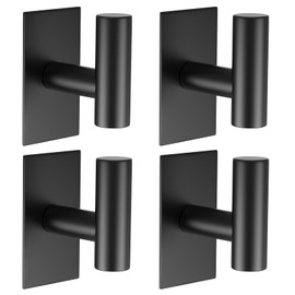 VAEHOLD Wall Towel Hooks, Heavy Duty Sticky Holder Waterproof Towel Hooks for Hanging Coat, Clothes, Closet Hook Wall Mount for Kitchen (Black, 4 Pack)