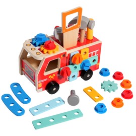 34PCS Kids Wooden Truck Tool Set for Toddlers Age 3 4 5, Pretend Play Construction Toy with Toolbox, Hammer, Saw, Screws, STEM Learning Building Toy Boys Girls with 1 Bag