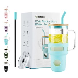 Spreccio Glass Tumbler with Handle, 40oz Reusable Iced Coffee Cup, Light Blue Glass Tumbler with Straw and Lid, Glass Water Bottles Fit in Cup Holder, Smoothie Cup
