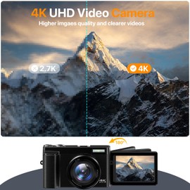 4K Digital Camera for Photography Auto-Focus Vlogging Camera for YouTube Video with 3'' 180° Flip Screen 16X Anti-Shake 4K Camera Compact Cameras with SD Card, Flash, 2 Batteries