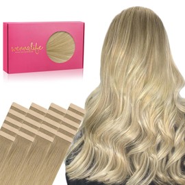 WENNALIFE Tape in Hair Extensions Human Hair, 20pcs 50g 18 inch Balayage Dirty Blonde to White Blonde Remy Hair Tape in Extensions Skin Weft