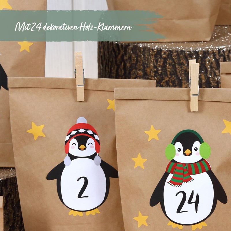 Papierdrachen DIY Adventskalender Kraftpapier Set - Pinguine zum Aufkleben -