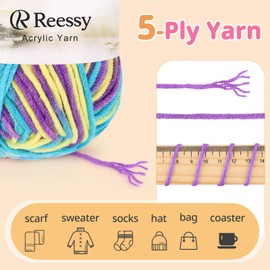 Reessy 225g Knitting Wool Acrylic Yarn Crochet Yarn Set, Super Soft 5 Ply Wool for Crochet Knitting and Crafts, 5 x 45g Crochet Yarn for Amigurumi Projects Handcrafts-Purple Yellow Blue