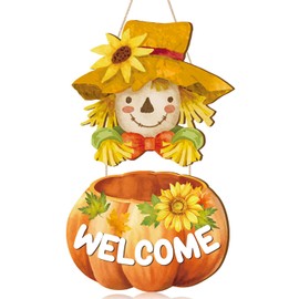 IARTTOP Welcome Fall Wood Door Sign Pumpkins Sunflower Hanging for Front Door Outside Autumn Scarecrow Wooden Signs Farmhouse Pumpkin Rustic Autumn Wall Hanger for Outdoor Porch Home Decoration