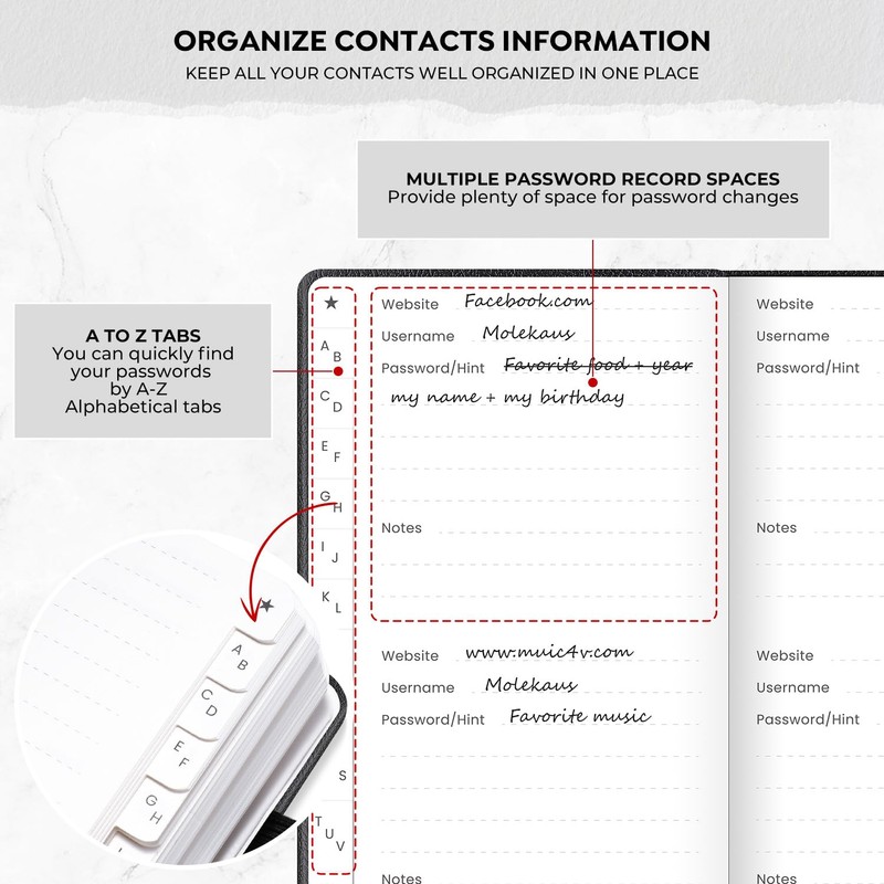 molekaus Password Book with Alphabetical Tabs Small Password Keeper with