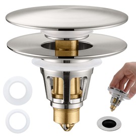 PerPaiMe 3-in-1 Universal Bathroom Sink Stopper - Brushed Nickel Pop Up Sink Drain Stopper, Brass Bounce Bullet Core Sink Stopper Replacement, Wash Basin Drain Filter Plug with Anti-Clogging Strainer