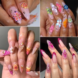 4 Sheets Flower Nail Art Stickers, 5D Embossed Self-Adhesive Nail Decals, Colorful Floral Petals Nail Art Design 5D Acrylic Carved Flower Nail Stickers for Women Girls Manicure Decoration