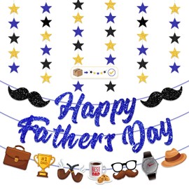 4PCS Pre-Strung Happy Fathers Day Banner, Father’s Day Decorations Include Glitter Banner Happy Fathers Day Sign Star Garland for Dad Home Office Mantle Wall Classroom Hanging Decorations