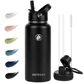 OcTecho Metal Water Bottle with Straw, 950ml Stainless Steel Water Bottle 2 Leakproof Lids, BPA Free Double Walled Vacuum Insulated Water Bottles Thermal for 12h Hot & 24h Cold,for Man,Woman-Black