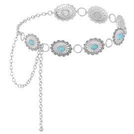 Topbuti Turquoise Western Concho Chain Belt for Women Cowgirl Cowboy Metal Waist Link Chain Belt