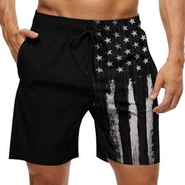 Mens Swim Trunks, Vintage Distressed Black American Flag Beach Shorts Novelty Beach Surfing Drawstring Beach Bathing Suits Pant with Pockets Mesh Lining 3X-Large