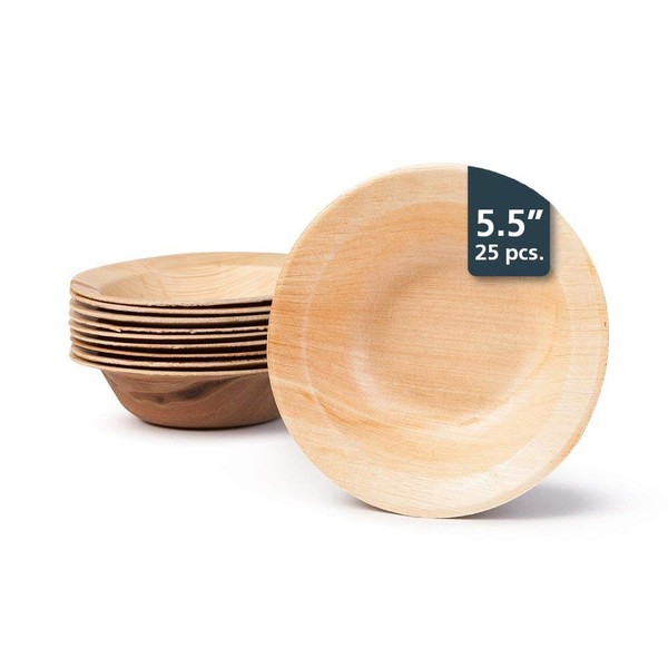 Small Palm Leaf Cereal or Snack Bowl - Environmentally disposable tableware | 25 bowls | 5.5 Inches round | 1/2" rim | 5 fl oz. | Bamboo Style | Biodegradable & Compostable
