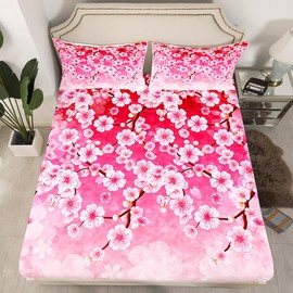 Cherry Blossoms Bedding Set Twin Size,Pink Sakura Flowers Floral Fitted Sheet for Kids Boys Bedroom,Watercolor Trees Botanical Microfiber Soft Bed Cover,1 Pillow Case