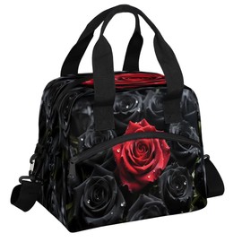 Aglebo Black Red Roses Insulated Lunch Bag for Women Men Reusable Lunch Box Cooler Bag Large Leakproof Lunch Tote with Adjustable Shoulder Strap for Adult Work Picnic Camping Beach Office