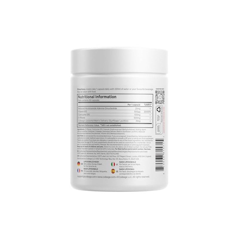 Codeage Liposomal Nadh+ Sport Nadh, Coq10, D-Ribose and Vitamin B12