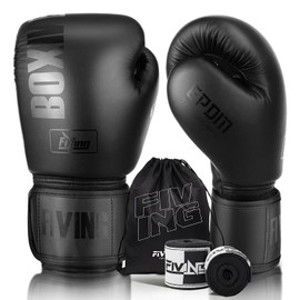 FIVING Boxing Gloves with Hand Wraps (Black, 16oz)