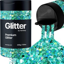 Hemway Premium Glitter Shaker - Turquoise Holographic | Multi Size Metallic Flake Sequins for Resin & Epoxy Crafts | Craft Supplies for Tumblers, Festival, Hair, Face, Body, Eye & Nail Art | 210 g
