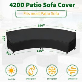 Outdoor Curved Sofa Cover, 420D Oxford Sectional Couch Sofa Covers Waterproof Protector Garden Patio Curved Sofa Furniture Covers (Black, 190"(Back)/126"(Front)x32"(D))