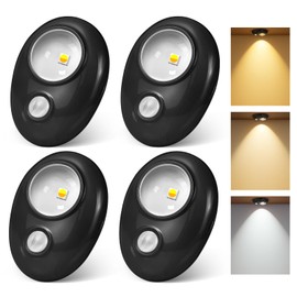 GLARESBOT LED Motion Sensor Puck Lights, 3 Color Temps Dimmable Black Cabinet Light, Wireless Rechargeable Battery Operated Puck Lights, USB Magnetic Closet Light for Drawer, Shelf (4 Pack)