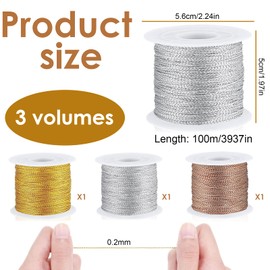 Ptenzor 3-Pack Metallic Tinsel Cords, Non-Stretch Twine Strings for Crafts, Gift Wrapping & Decorations, Includes Silver, Gold, Rose Gold – Ideal for Hanging Cards & DIY Projects.